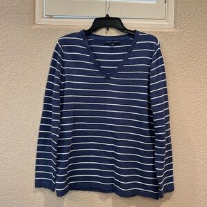Tommy Hilfiger Navy Blue and White Striped V-Neck Long Sleeve Top